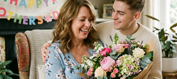 Daughter giving mother a colorful bouquet of flowers in living room