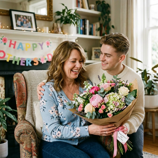 Daughter giving mother a colorful bouquet of flowers in living room